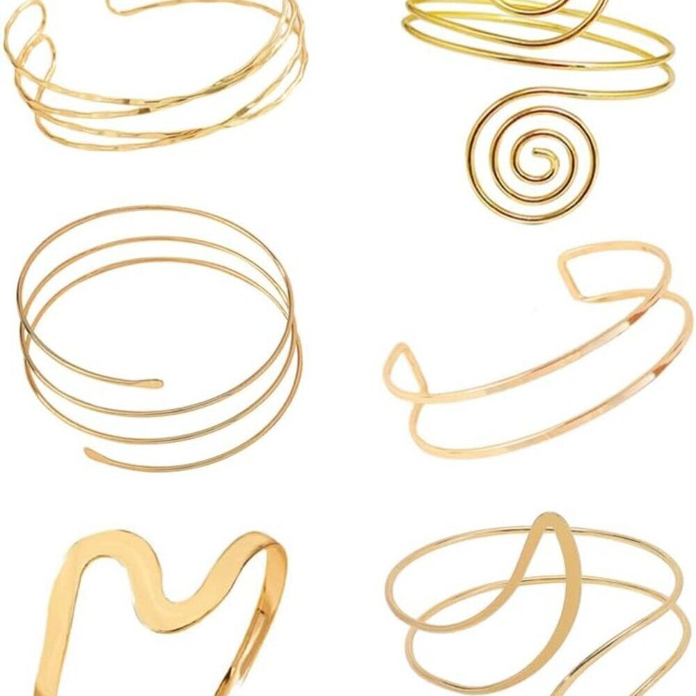 Minimalist Arm Cuffs Set Gold Plated Upper Arm Bangles 6 Pieces Adjustable